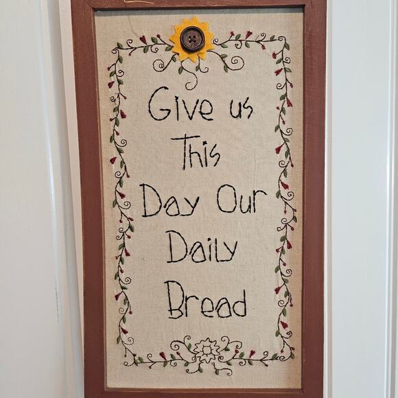 Vtg Needlepoint Prayer Picture Give Us This Day Our Daily Bread Rustic Religious - Picture 2 of 10